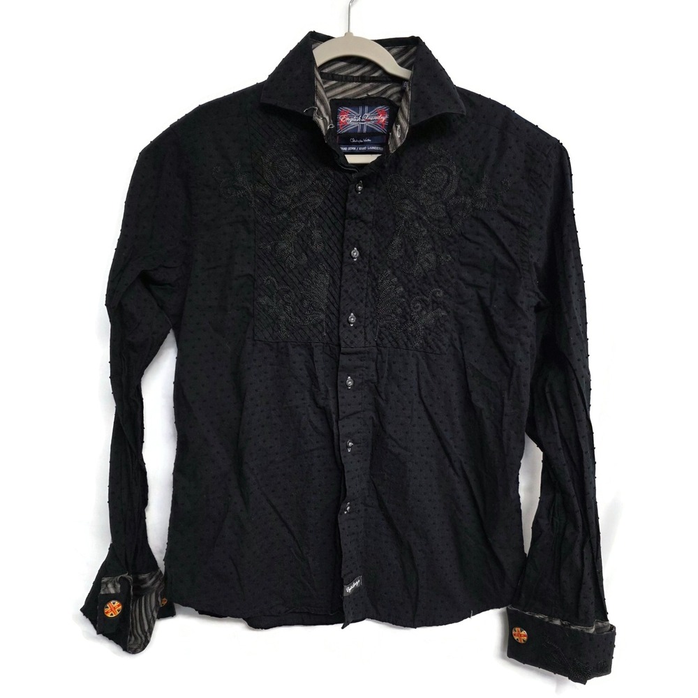 English Laundry Christopher Wicks Mens Shirt Black Embroidered Medium